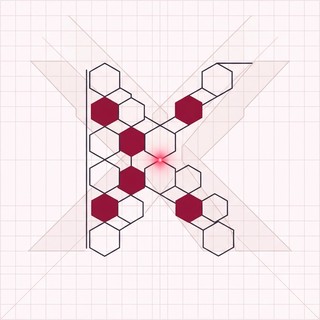 A monogram of the letter K built from a honeycomb of hexagonal cells, several filled deep rose, drawn on a faint blueprint grid.