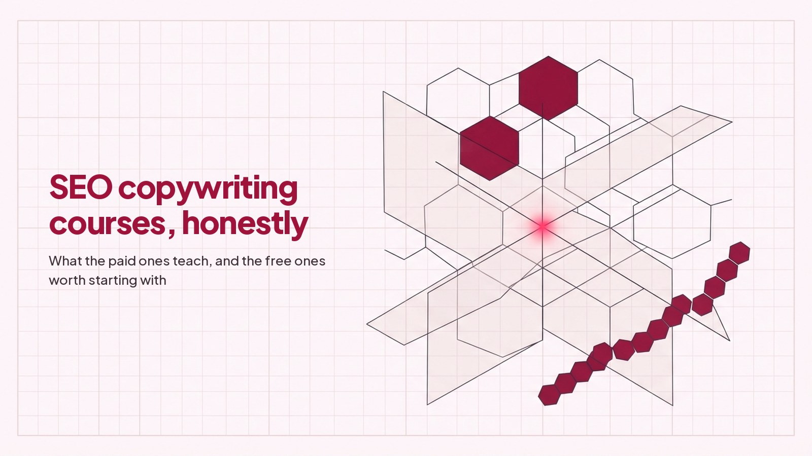 A technical line drawing on pale grid paper: a honeycomb of hexagonal cells with a run of small cells curving away to one side, several of them filled deep red.