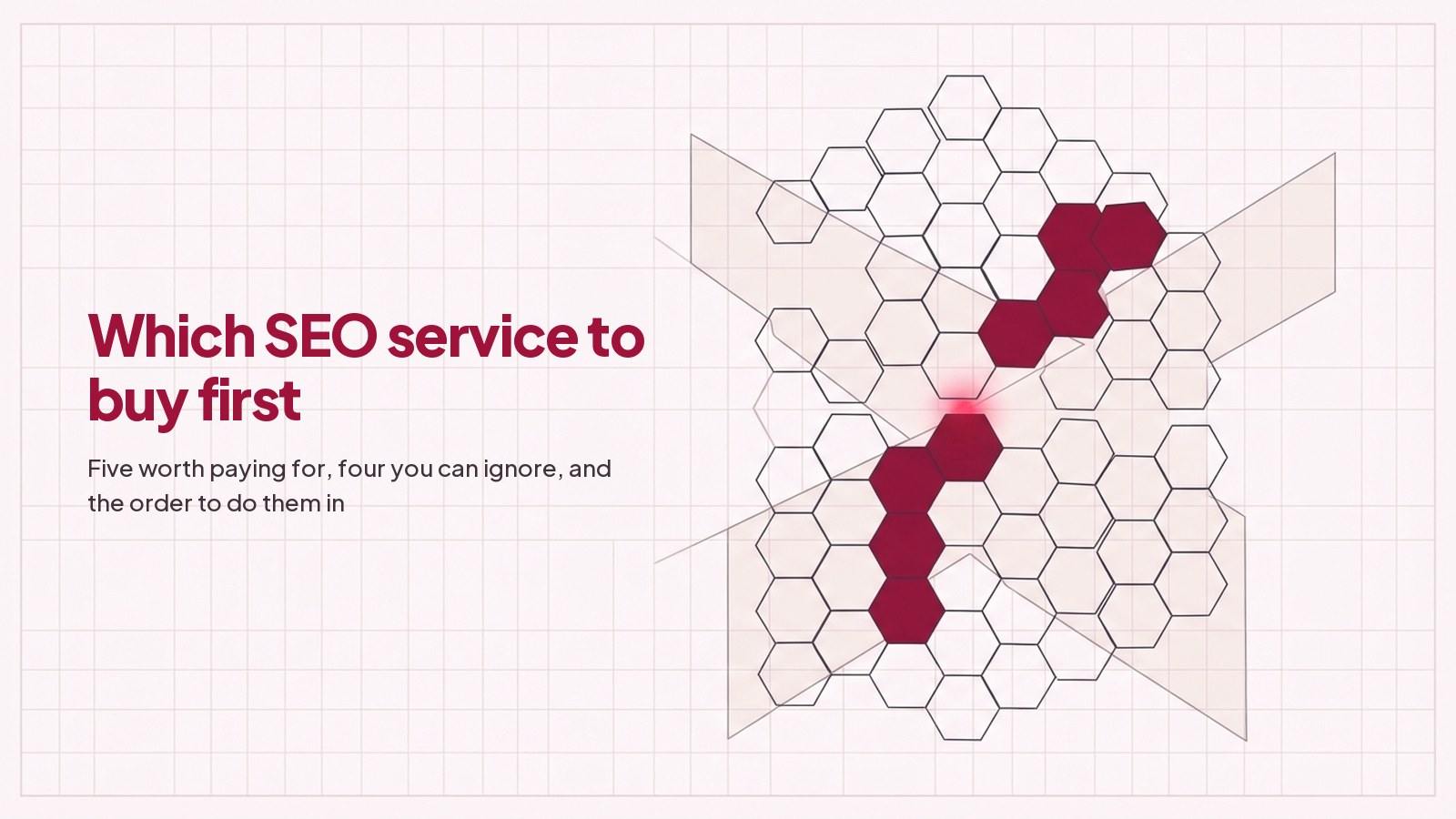 A technical blueprint line drawing on pale grid paper: a honeycomb of hexagonal cells with a run of them filled deep red, stepping down one below the next.
