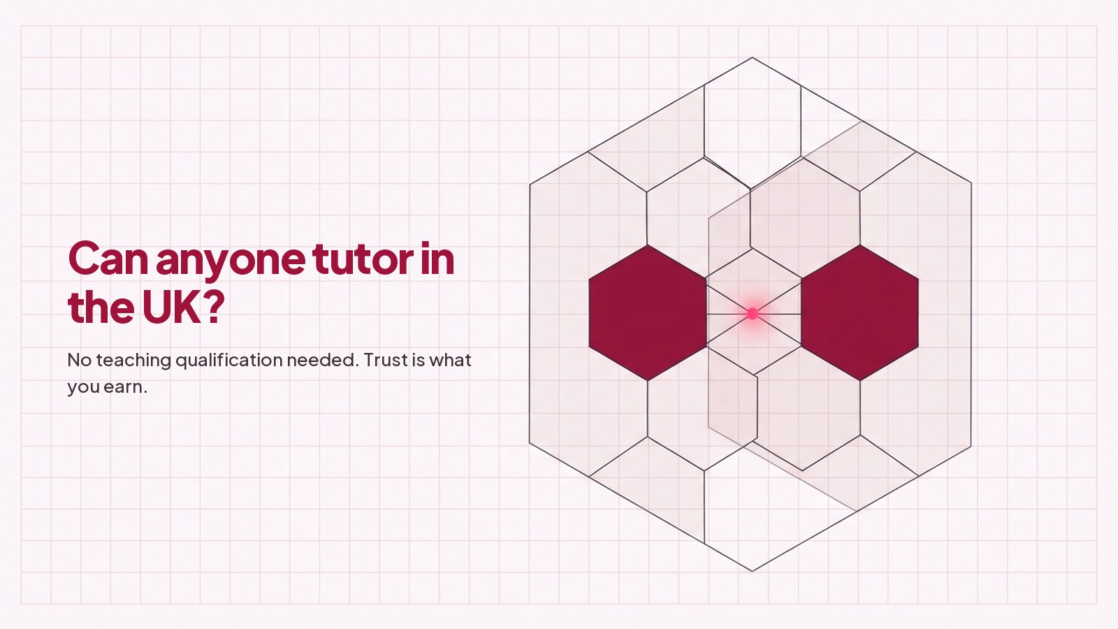 A technical line drawing on pale grid paper: a large hexagon divided into cells, two of them filled deep red and sitting side by side at the same height.