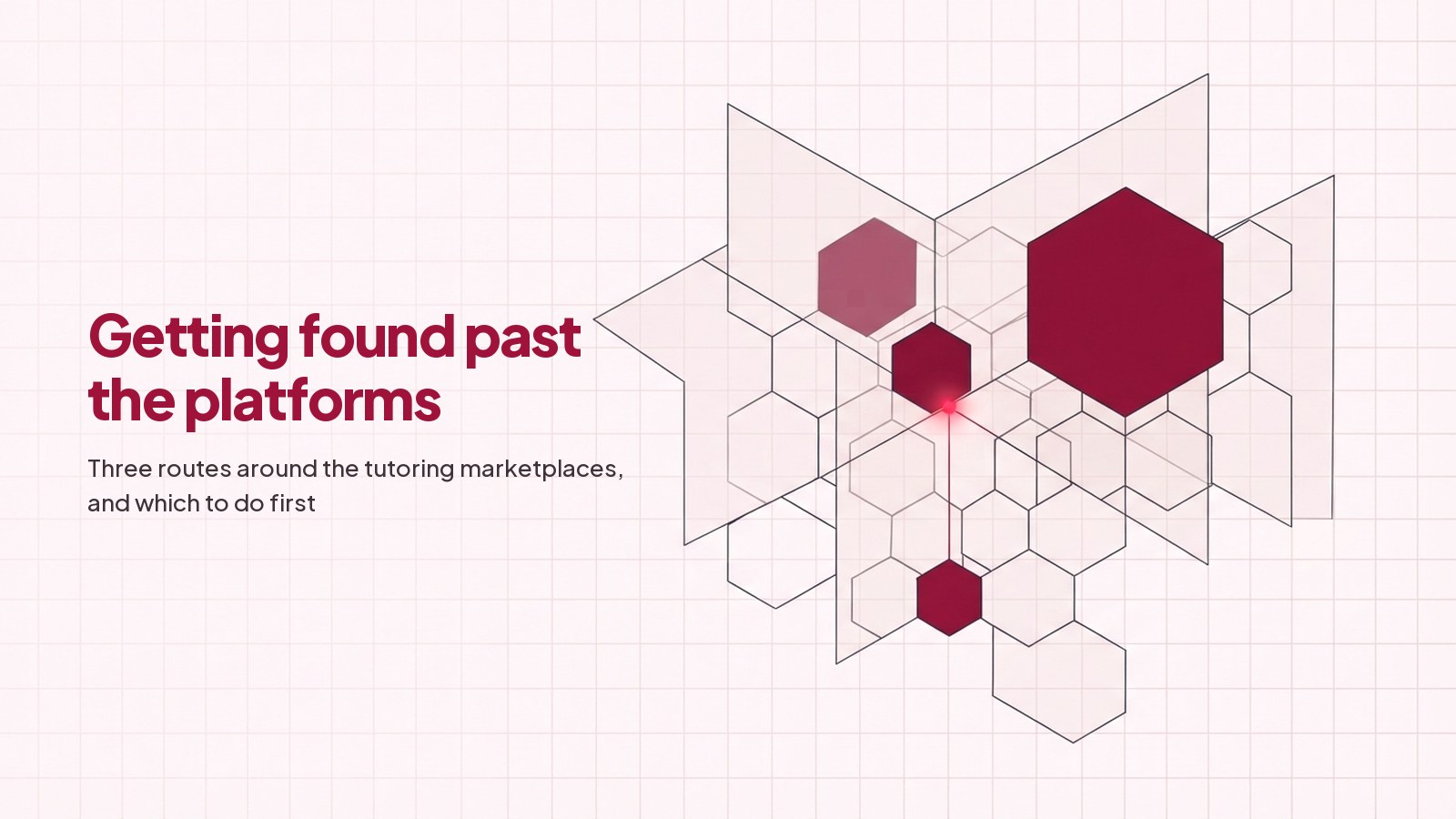 A technical blueprint line drawing on pale grid paper: a honeycomb of hexagonal cells with one small cell low in the lattice filled deep red, connected by a thin ruled line to a much larger filled cell above it.