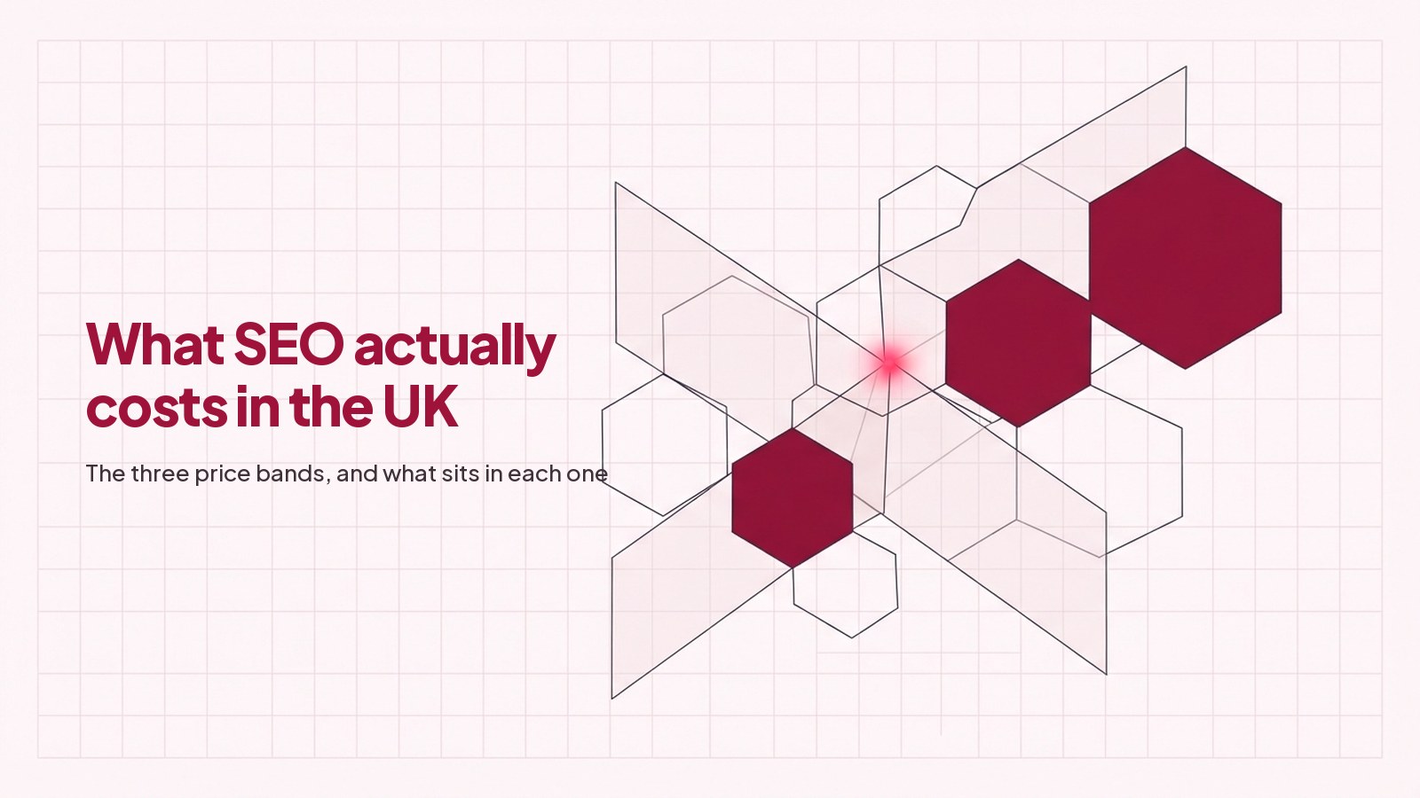 A technical line drawing on pale grid paper: three hexagonal cells filled deep red, each larger than the one before it, over two translucent intersecting planes.