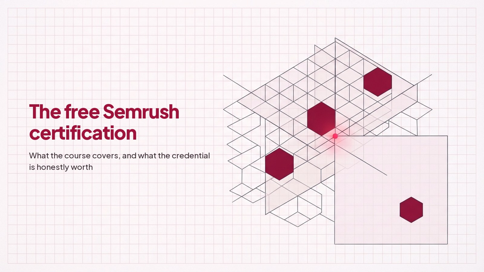 A technical line drawing on pale grid paper: a square plane lying flat like a sheet of paper, with hexagonal cells filled deep red above it and one in its lower corner.