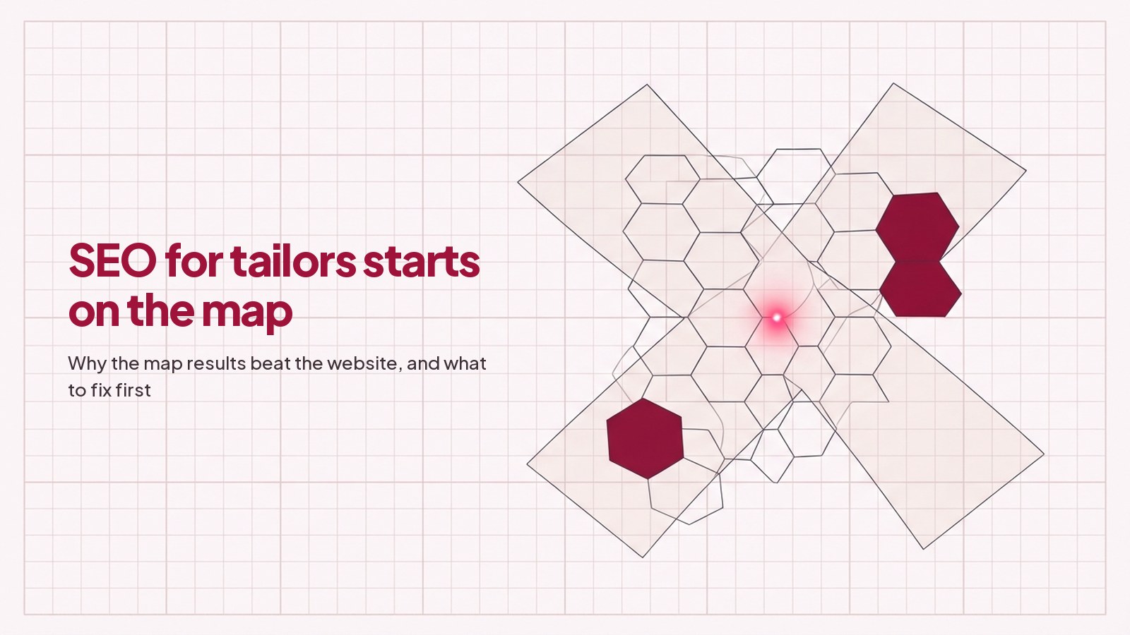 A technical blueprint line drawing on pale grid paper: two large translucent planes crossing at irregular angles over a honeycomb, like a pattern laid out for cutting, with three cells filled deep red.