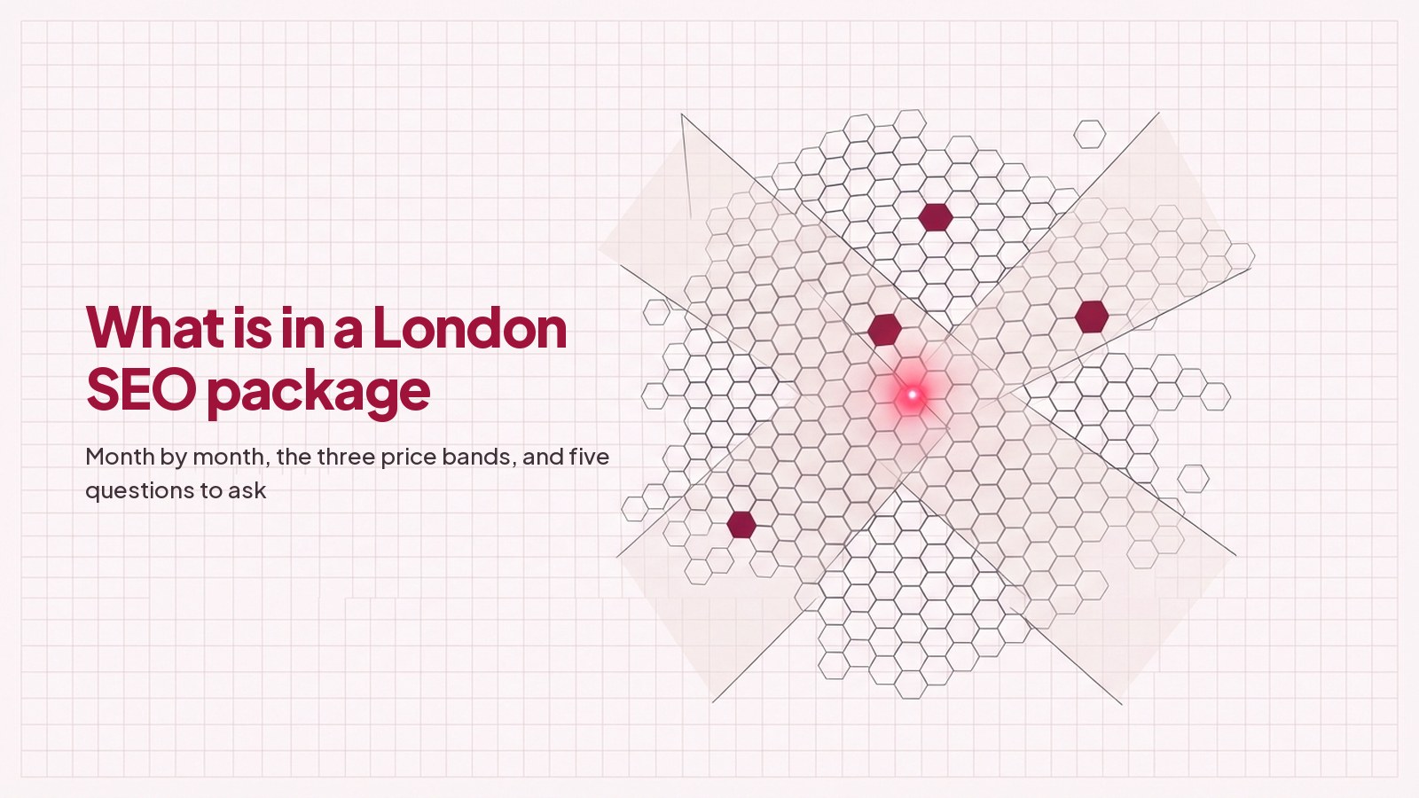 A technical line drawing on pale grid paper: a lattice of hexagonal cells, denser toward the centre and thinning at the edges, with three cells filled deep red.