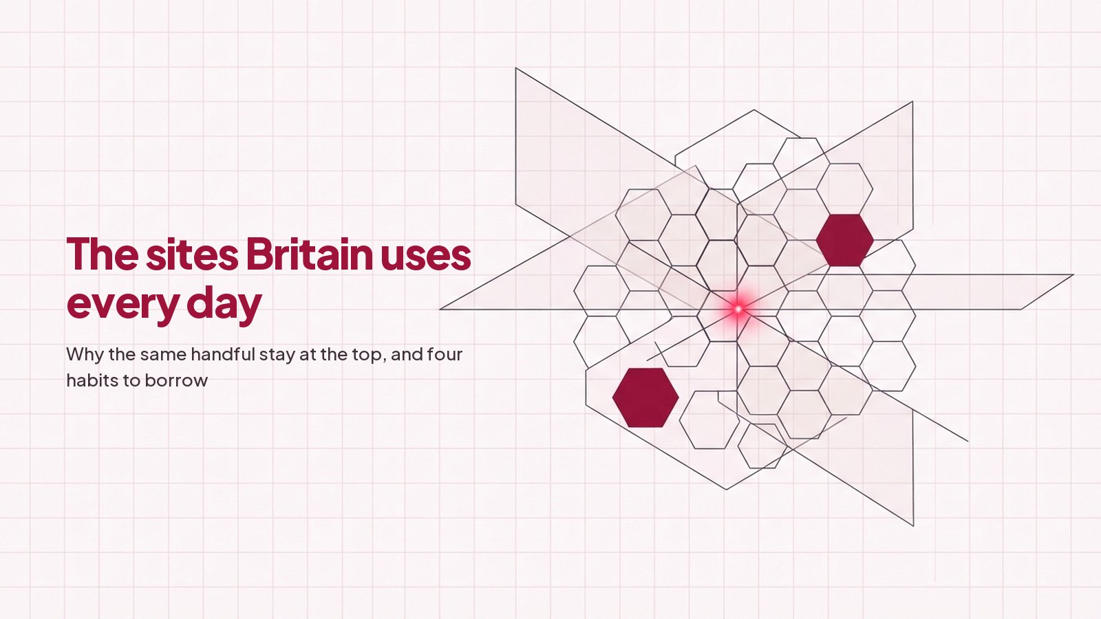 A technical line drawing on pale grid paper: a long thin translucent plane runs horizontally across a lattice of hexagonal cells, with three cells filled deep red.